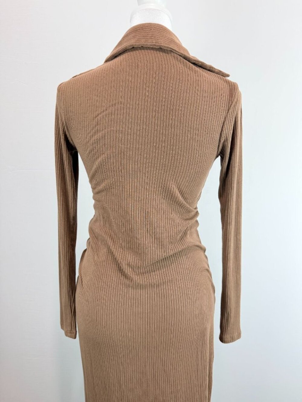 Lucca Brown Ribbed Long Sleeve Button-Down Midi Dress With Collared Neckline S - Picture 11 of 14